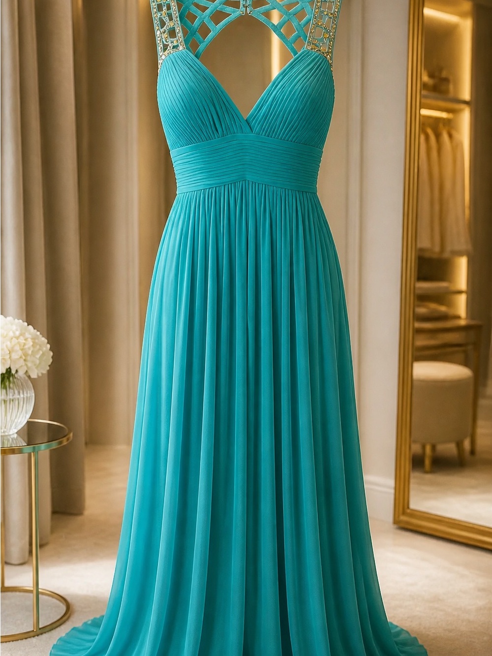 Teal Pleated Maxi Dress with Embellished Straps - Women